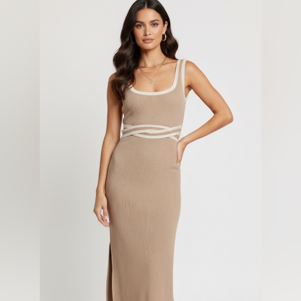 782. Square Neck Sleeveless Contrast Rib Midi Dress in Tan ( Kentucky dress)